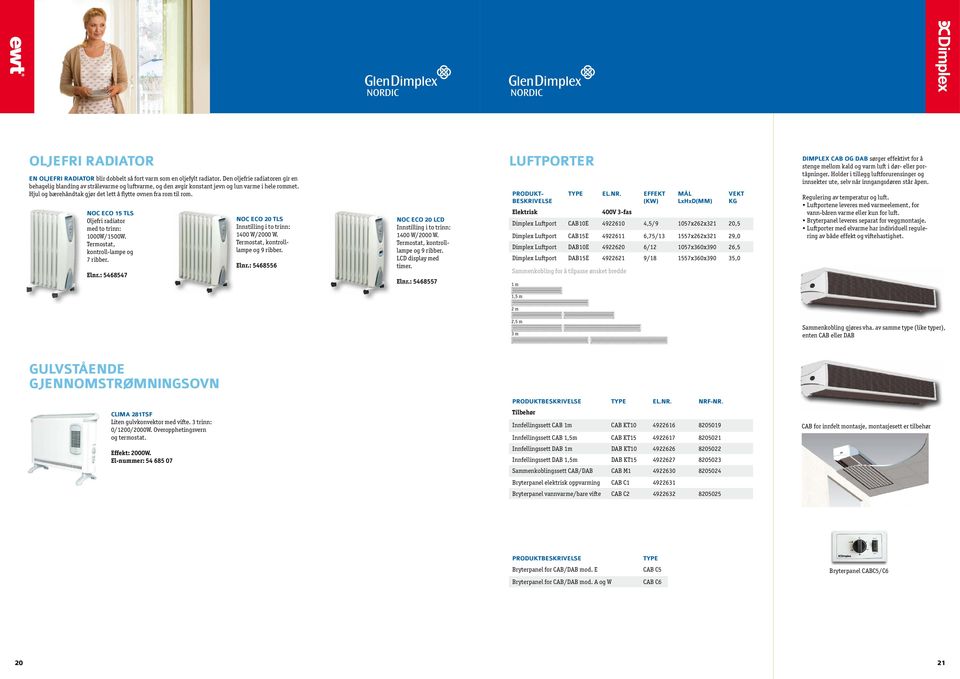 NO EO 15 TLS Oljefri radiator med to trinn: 1000W/1500W. Termostat, kontroll-lampe og 7 ribber. Elnr.: 5468547 NO EO 0 TLS Innstilling i to trinn: 1 W/0 W. Termostat, kontrolllampe og 9 ribber. Elnr.: 5468556 NO EO 0 LD Innstilling i to trinn: 1 W/0 W.