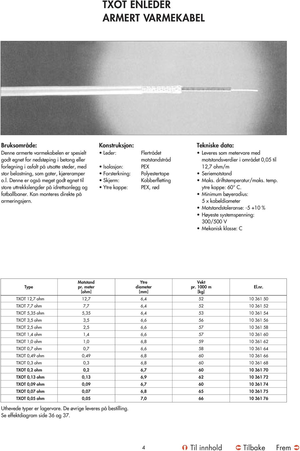 Konstruksjon: Leder: Isolasjon: Forsterkning: Skjerm: Ytre kappe: Flertrådet motstandstråd PEX Polyestertape Kobberfletting PEX, rød Tekniske data: Leveres som metervare med motstandsverdier i