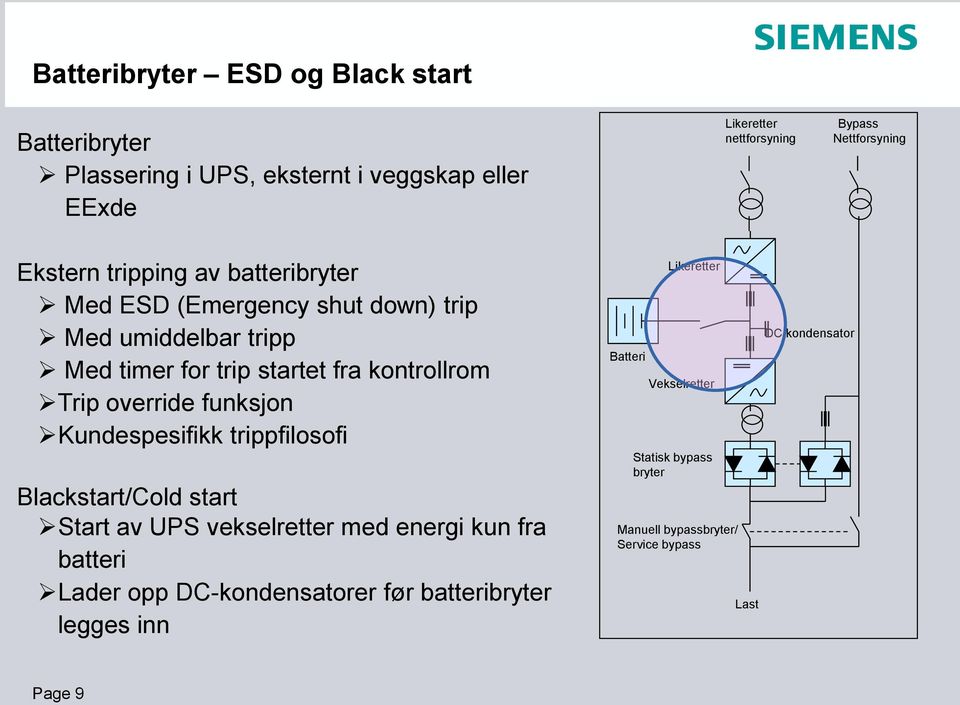 override funksjon Kundespesifikk trippfilosofi Blackstart/Cold start Start av UPS vekselretter med energi kun fra batteri Lader opp