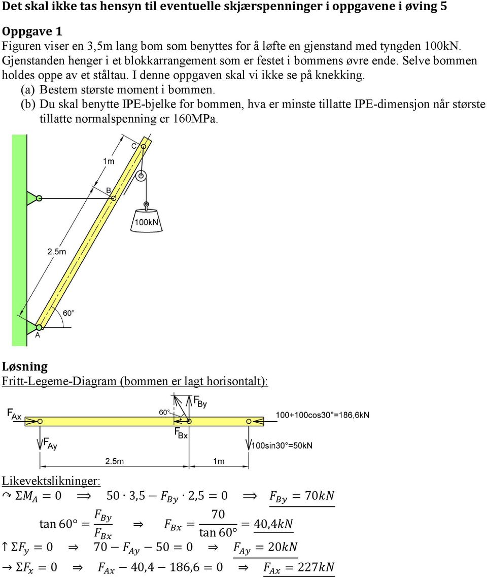 I denne oppgaven skal vi ikke se på knekking. (a) Bestem største moment i bommen.