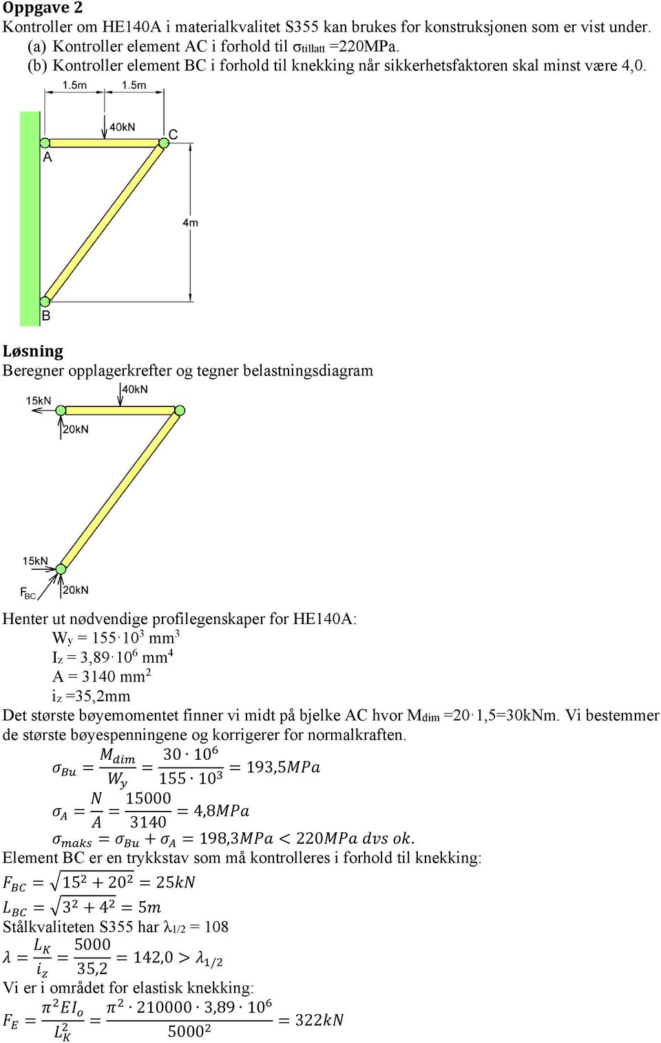 Beregner opplagerkrefter og tegner belastningsdiagram Henter ut nødvendige profilegenskaper for HE140A: Wy = 155 10 3 mm 3 Iz = 3,89 10 6 mm 4 A = 3140 mm 2 iz =35,2mm Det største bøyemomentet finner