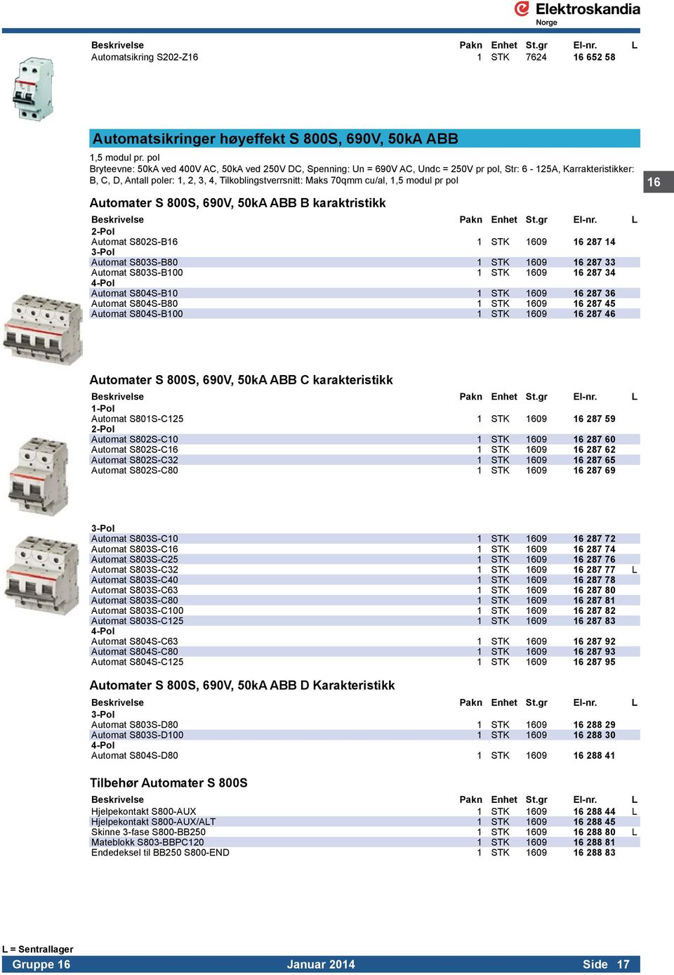 cu/al, 1,5 modul pr pol Automater S 800S, 690V, 50kA ABB B karaktristikk 2-Pol Automat S802S-B16 1 STK 1609 16 287 14 3-Pol Automat S803S-B80 1 STK 1609 16 287 33 Automat S803S-B100 1 STK 1609 16 287