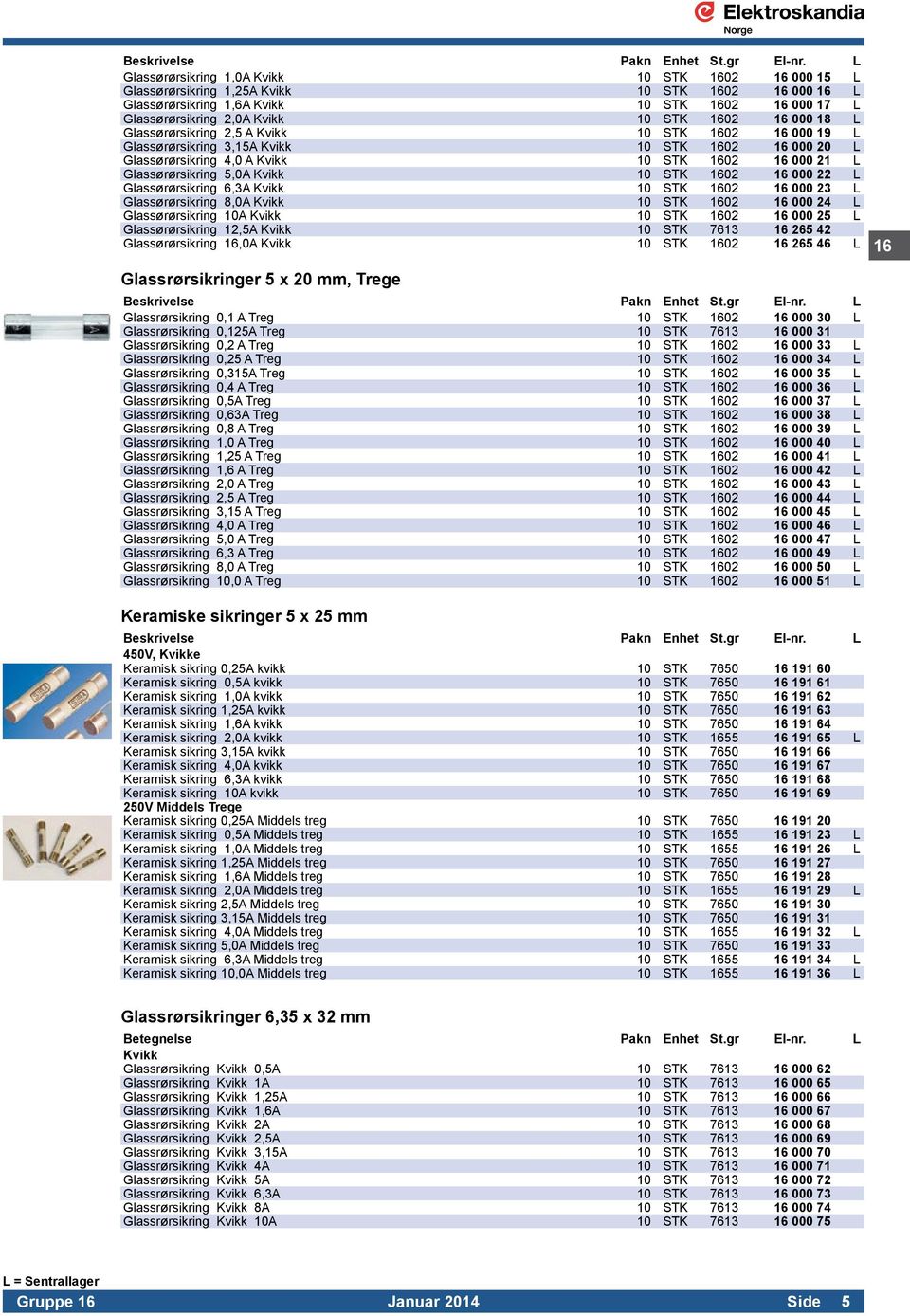 STK 1602 16 000 22 L Glassørørsikring 6,3A Kvikk 10 STK 1602 16 000 23 L Glassørørsikring 8,0A Kvikk 10 STK 1602 16 000 24 L Glassørørsikring 10A Kvikk 10 STK 1602 16 000 25 L Glassørørsikring 12,5A