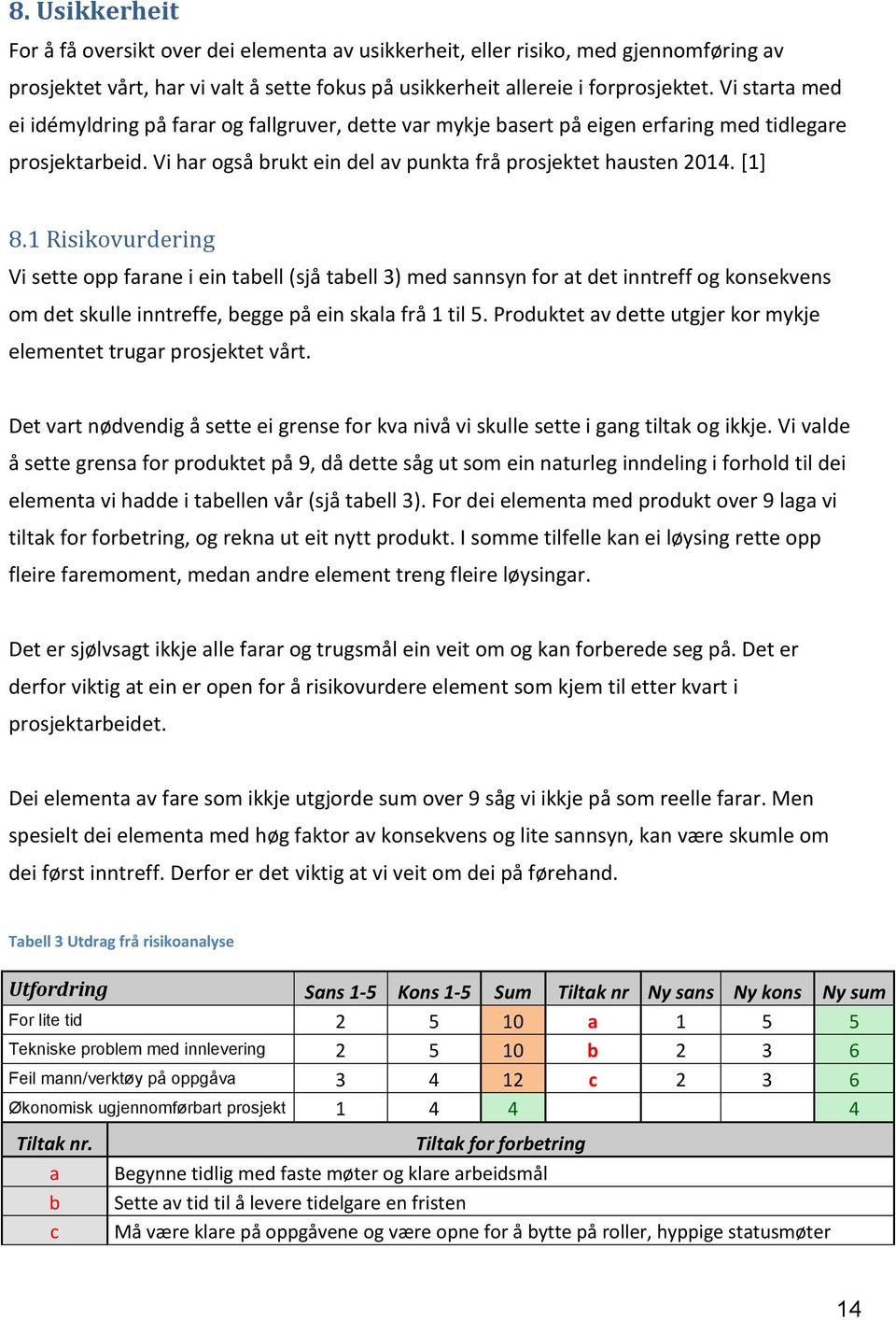 1 Risikovurdering Vi sette opp farane i ein tabell (sjå tabell 3) med sannsyn for at det inntreff og konsekvens om det skulle inntreffe, begge på ein skala frå 1 til 5.