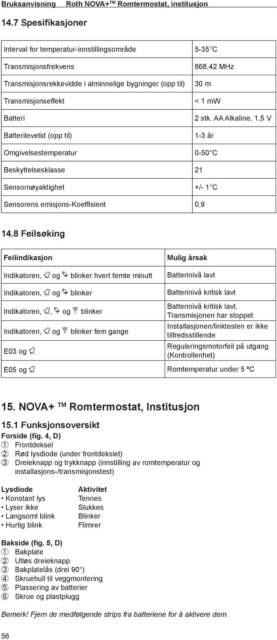 Omgivelsestemperatur 5-35 C 868,42 MHz 30 m < 1 mw 2 stk. AA Alkaline, 1,5 V 1-3 år 0-50 C Beskyttelsesklasse 21 Sensornøyaktighet +/- 1 C Sensorens emisjons-koeffi sient 0,9 14.