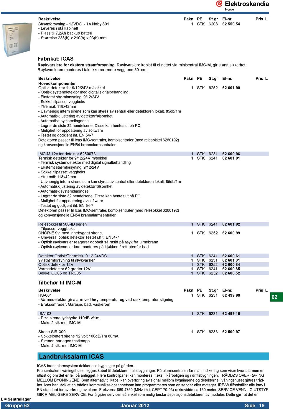 Røykvarsleren monteres i tak, ikke nærmere vegg enn 50 cm. Hovedkomponenter Optisk detektor for 9/12/24V m/sokkel 1 STK 6252 62 601 90 - Optisk systemdetektor med digital signalbehandling.