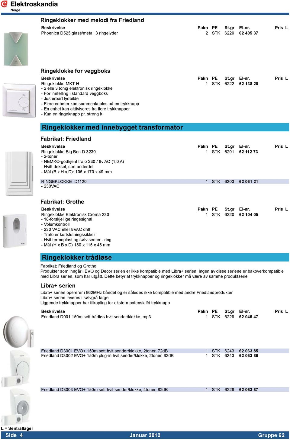 streng k Ringeklokker med innebygget transformator Fabrikat: Friedland Ringeklokke Big Ben D 3230 1 STK 6201 62 112 73-2-toner. - NEMKO-godkjent trafo 230 / 8v AC (1,0 A).