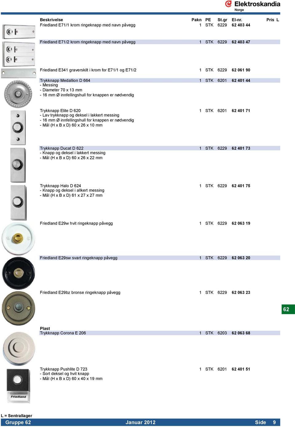 Trykknapp Elite D 620 1 STK 6201 62 401 71 - Lav trykknapp og deksel i lakkert messing. - 16 mm Ø innfellingshull for knappen er nødvendig. - Mål (H x B x D) 60 x 26 x 10 mm.