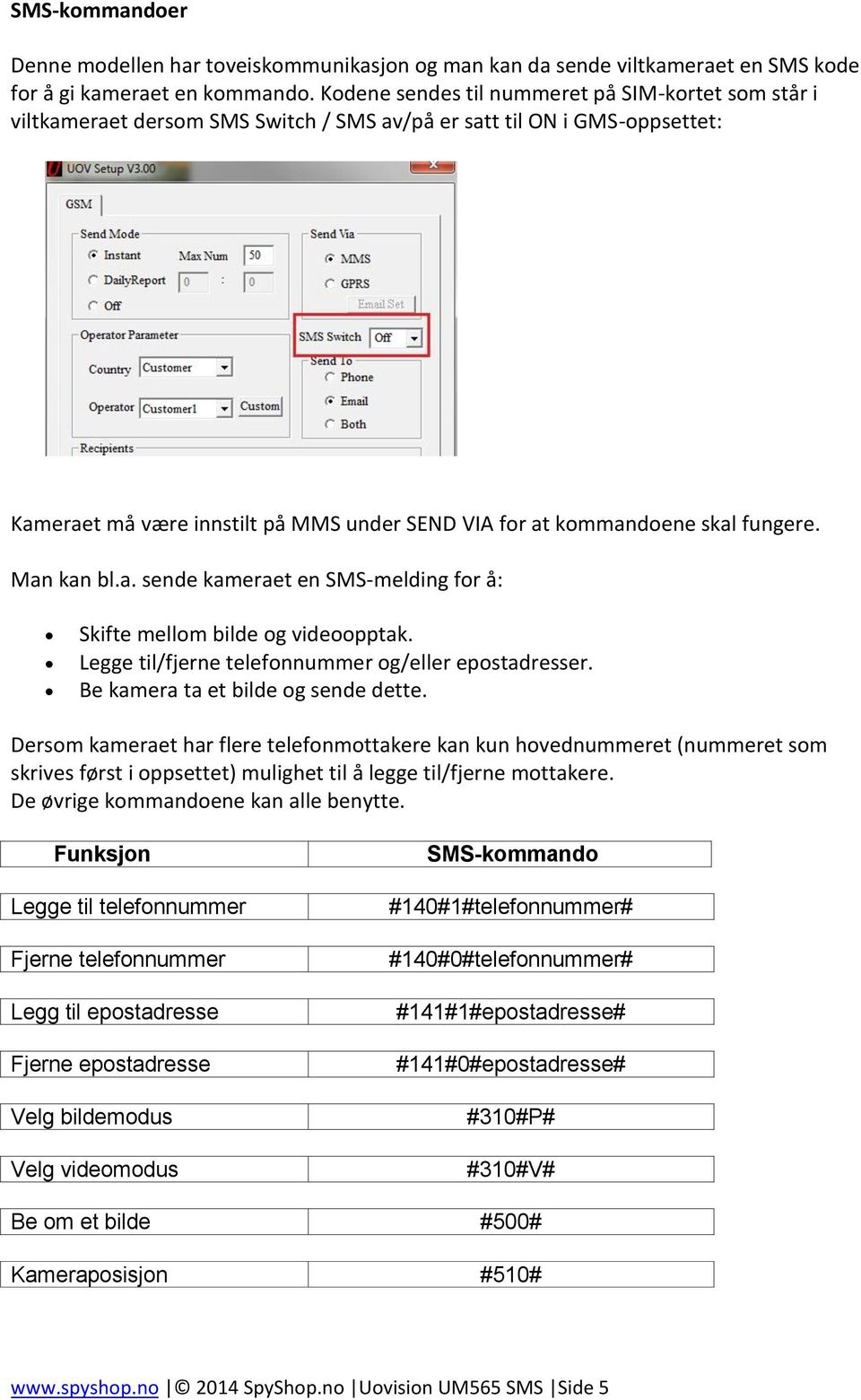 fungere. Man kan bl.a. sende kameraet en SMS-melding for å: Skifte mellom bilde og videoopptak. Legge til/fjerne telefonnummer og/eller epostadresser. Be kamera ta et bilde og sende dette.