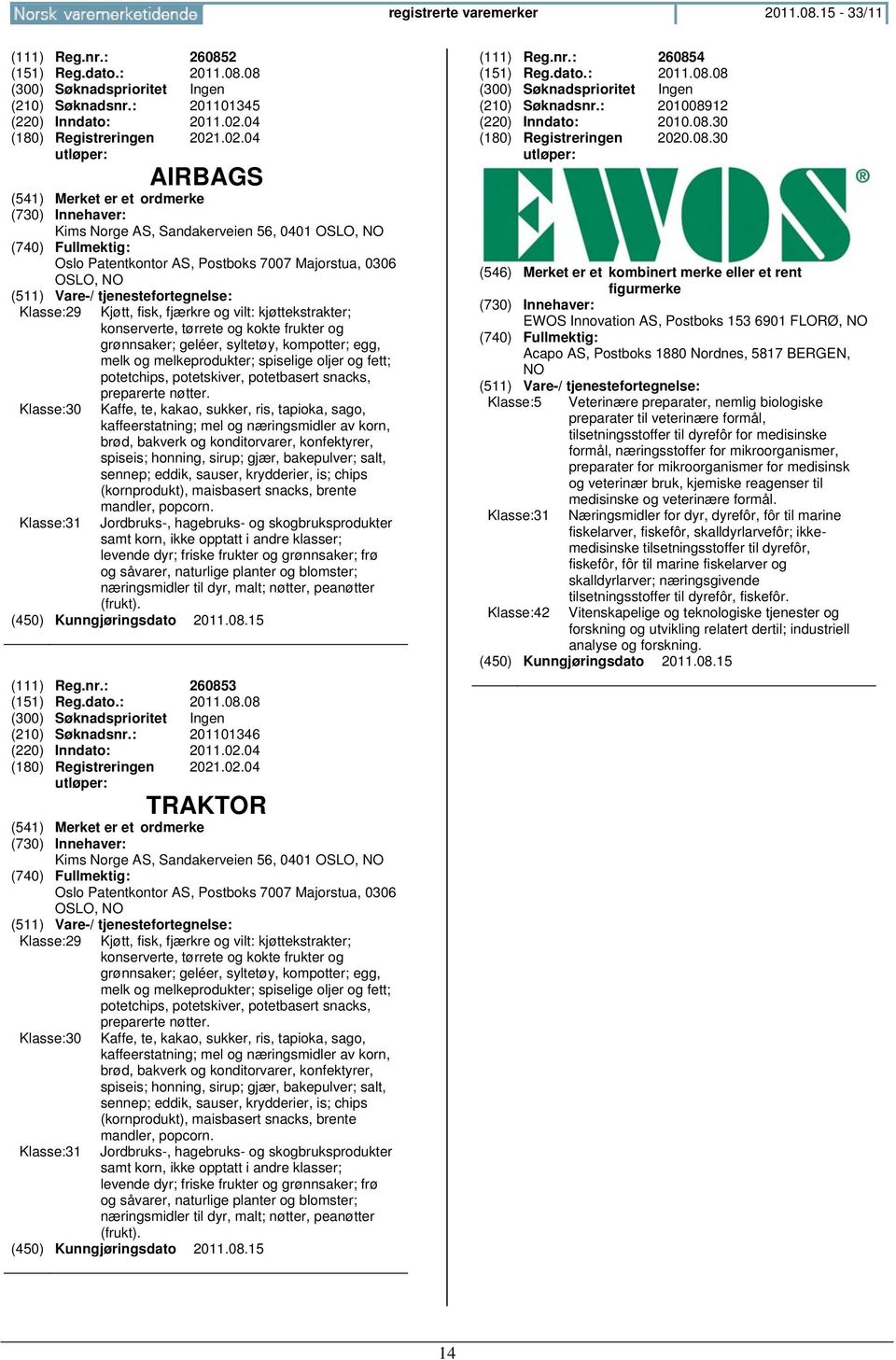 .02.04 AIRBAGS Kims Norge AS, Sandakerveien 56, 0401 OSLO, NO Oslo Patentkontor AS, Postboks 7007 Majorstua, 0306 OSLO, NO Klasse:29 Klasse:30 Klasse:31 Kjøtt, fisk, fjærkre og vilt: kjøttekstrakter;