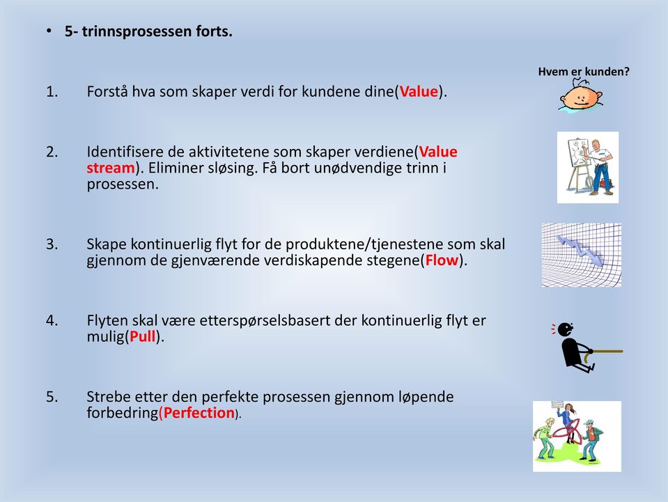 Skape kontinuerlig flyt for de produktene/tjenestene som skal gjennom de gjenværende verdiskapende stegene(flow). 4.