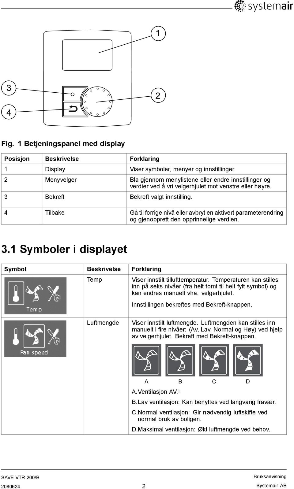 4 Tilbake Gå til forrige nivå eller avbryt en aktivert parameterendring og gjenopprett den opprinnelige verdien. 3.