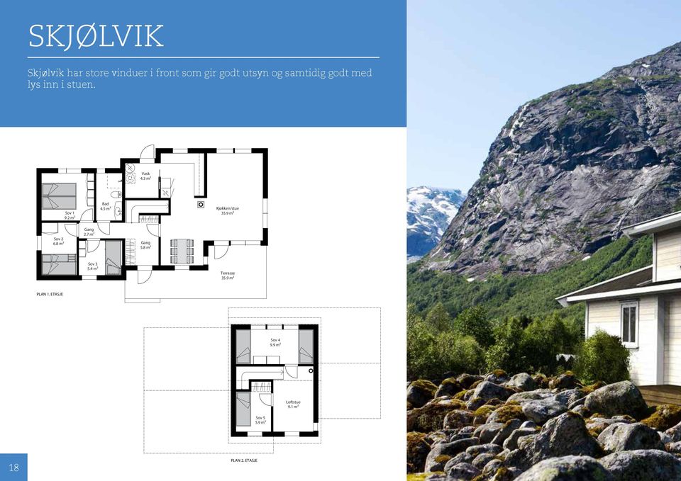 7 m² 5.8 m² Sov 5 5.9 m² Loftstue 9.1 m² Sov 3 5.4 m² 35.9 m² PLAN 1. ETASJE PLAN 2.