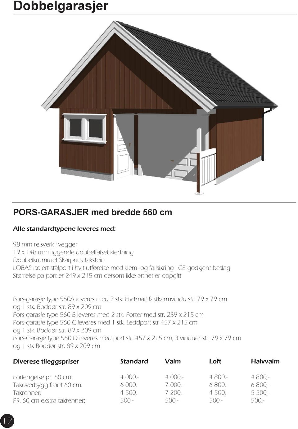 Hvitmalt fastkarmvindu str. 79 x 79 cm og 1 stk. Boddør str. 89 x 209 cm Pors-garasje type 560 B leveres med 2 stk. Porter med str. 239 x 215 cm Pors-garasje type 560 C leveres med 1 stk.