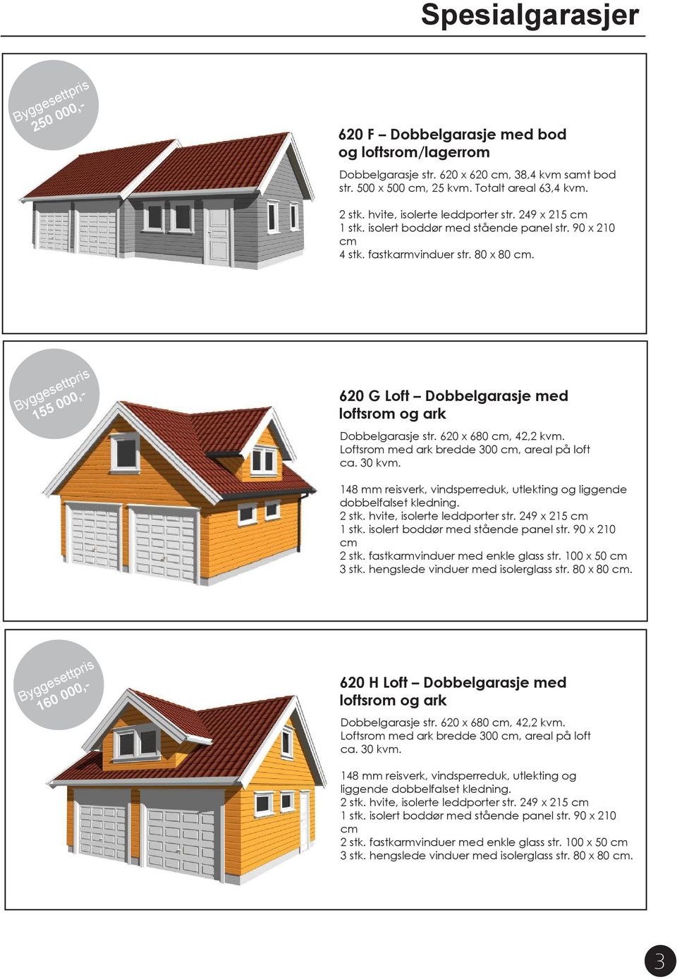 155 000,- 620 G Loft Dobbelgarasje med loftsrom og ark Dobbelgarasje str. 620 x 680 cm, 42,2 kvm. Loftsrom med ark bredde 300 cm, areal på loft ca. 30 kvm.