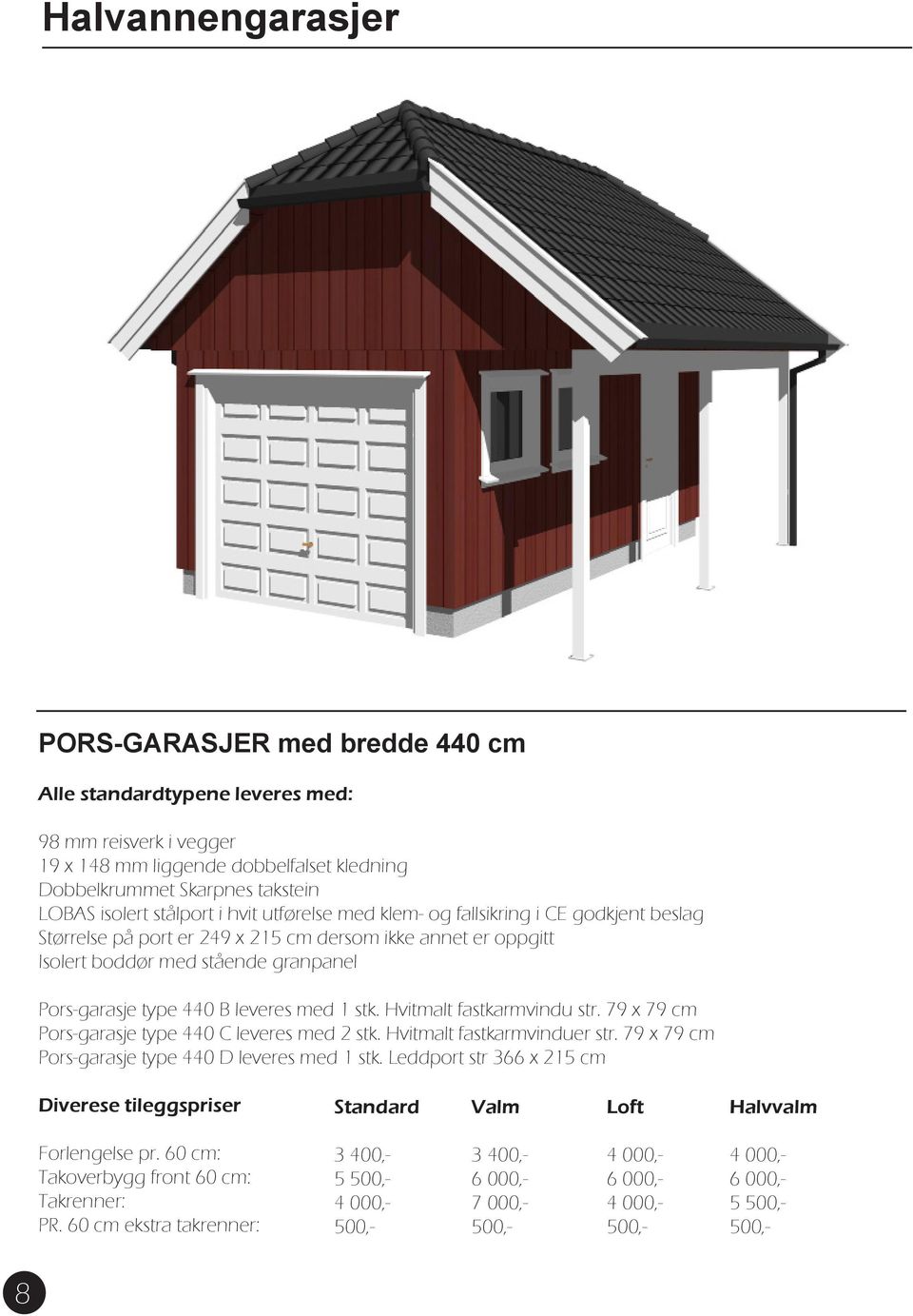 leveres med 1 stk. Hvitmalt fastkarmvindu str. 79 x 79 cm Pors-garasje type 440 C leveres med 2 stk. Hvitmalt fastkarmvinduer str. 79 x 79 cm Pors-garasje type 440 D leveres med 1 stk.