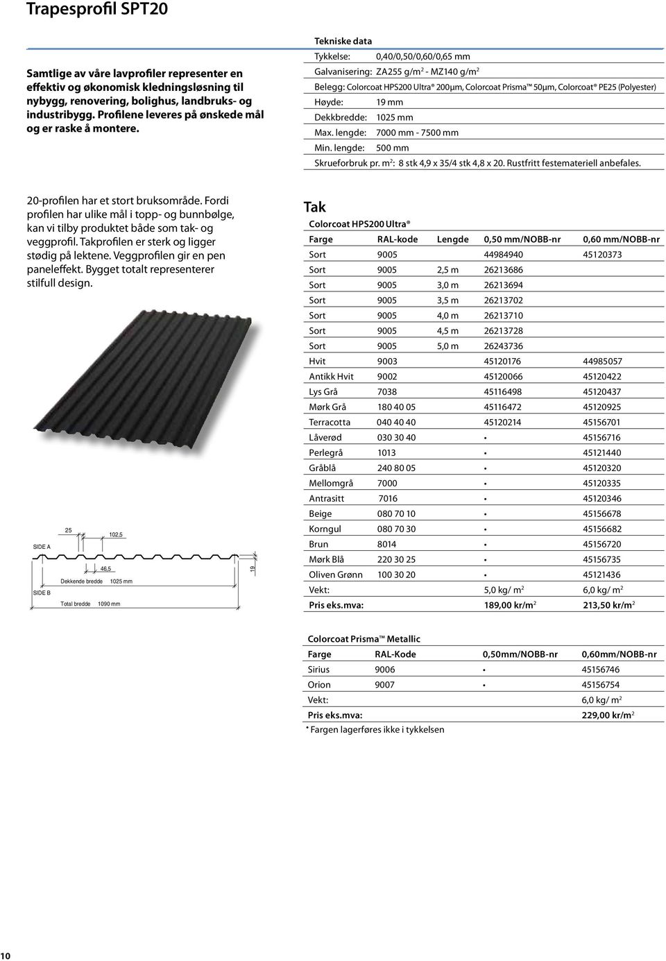 Tykkelse: 0,40/0,50/0,60/0,65 mm Galvanisering: ZA255 g/m 2 - MZ140 g/m 2 Belegg: Colorcoat HPS200 Ultra 200µm, Colorcoat Prisma 50µm, Colorcoat PE25 (Polyester) Høyde: 19 mm Dekkbredde: 1025 mm Max.