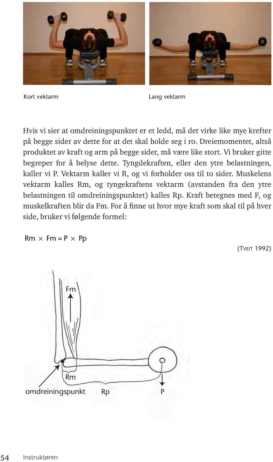 Tyngdekraften, eller den ytre belastningen, kaller vi P. Vektarm kaller vi R, og vi forholder oss til to sider.