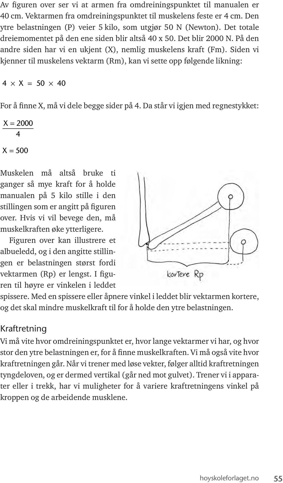 På den andre siden har vi en ukjent (X), nemlig muskelens kraft (Fm).