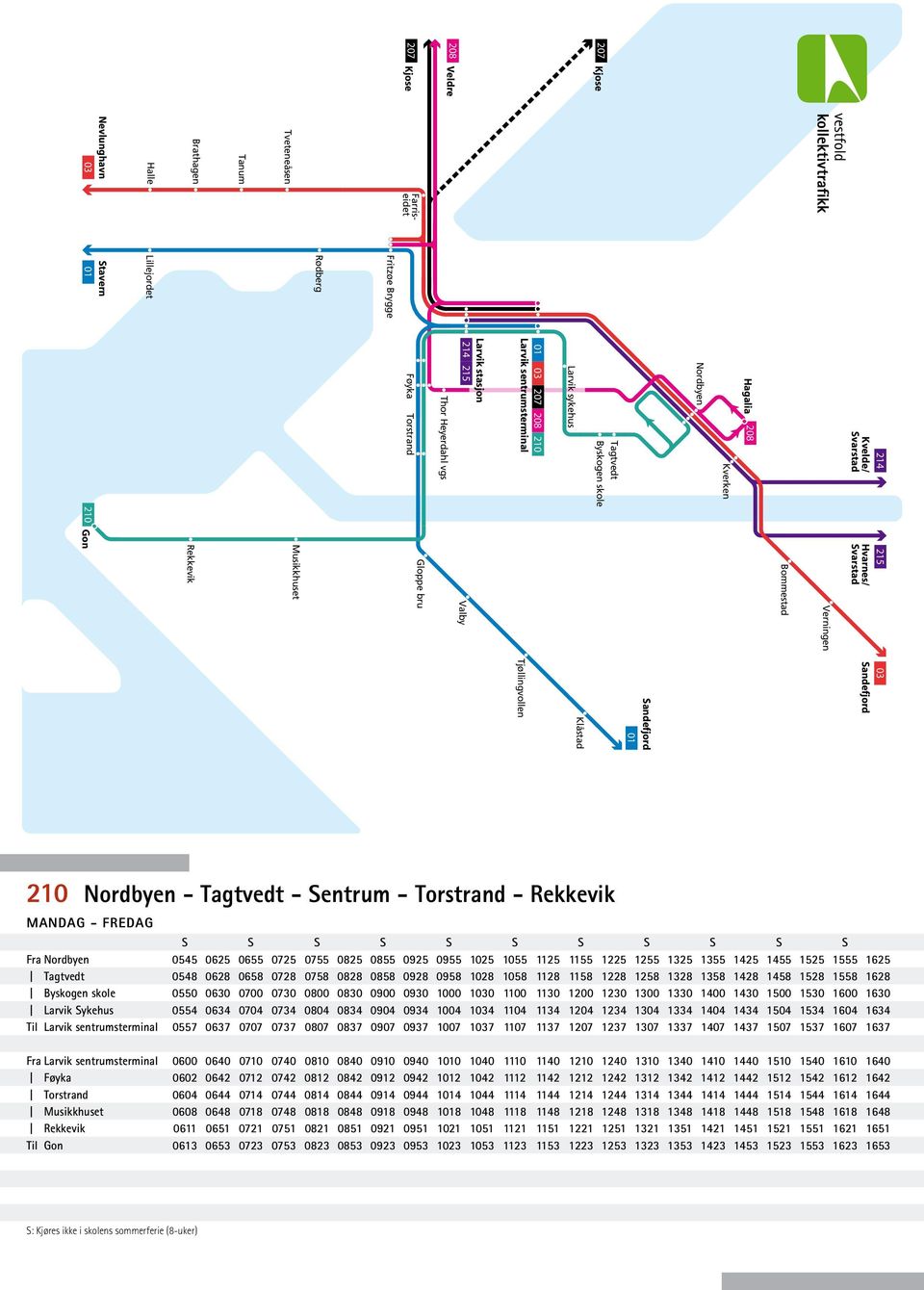 Musikkhuset Rekkevik 210 Gon 03 Sandefjord Sandefjord 01 Klåstad Tjøllingvollen 210 Nordbyen - Tagtvedt - Sentrum - Torstrand - Rekkevik Fra Nordbyen Larvik Sykehus S S S S S S S S S S S 0545 0625