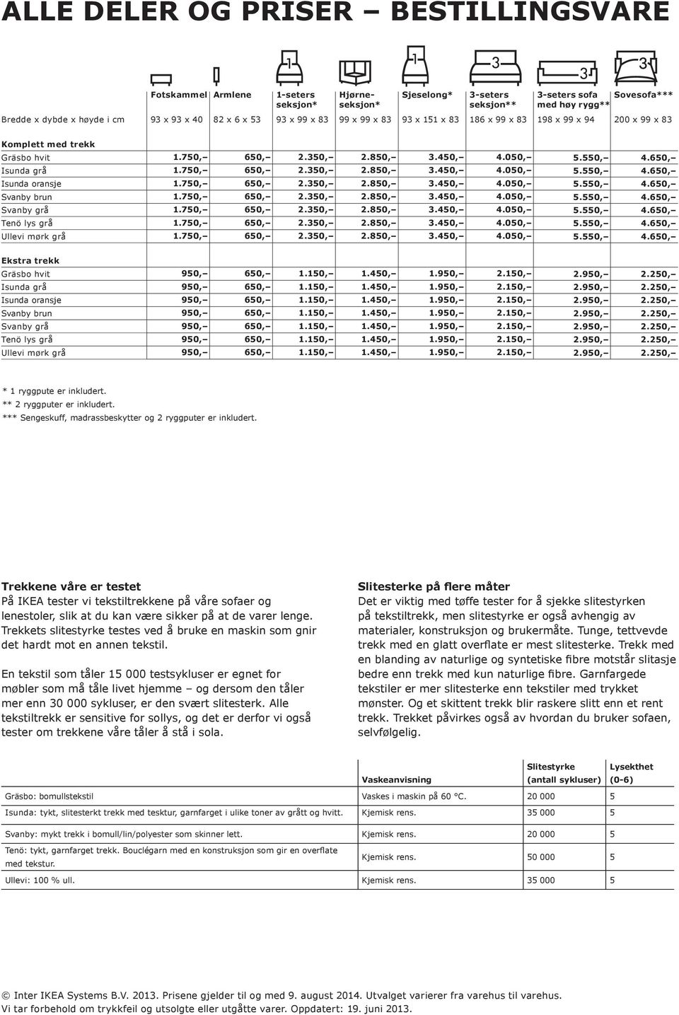 750, 650, 2.350, 2.850, 3.450, 4.050, 5.550, 4.650, Isunda oransje 1.750, 650, 2.350, 2.850, 3.450, 4.050, 5.550, 4.650, Svanby brun 1.750, 650, 2.350, 2.850, 3.450, 4.050, 5.550, 4.650, Svanby grå 1.