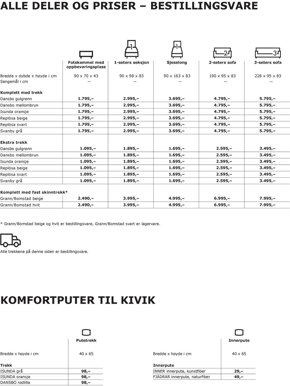 795, 2.995, 3.695, 4.795, 5.795, Replösa svart 1.795, 2.995, 3.695, 4.795, 5.795, Svanby grå 1.795, 2.995, 3.695, 4.795, 5.795, Ekstra trekk Dansbo gulgrønn 1.095, 1.895, 1.695, 2.595, 3.