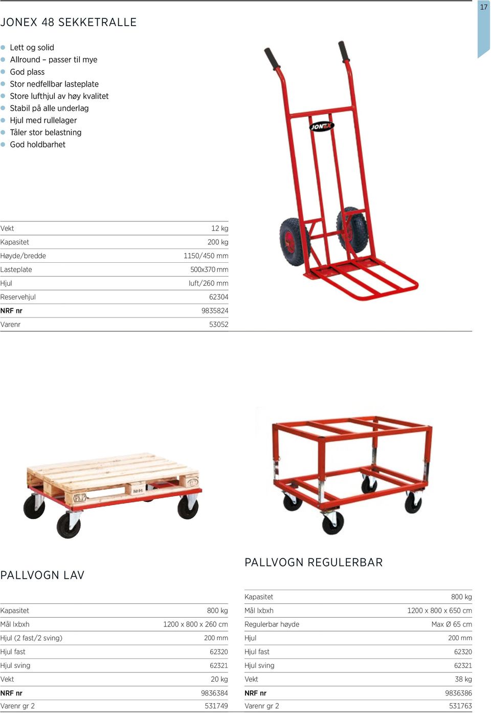 Varenr 53052 PALLVOGN LAV PALLVOGN REGULERBAR Kapasitet 800 kg Kapasitet 800 kg Mål lxbxh 1200 x 800 x 650 cm Mål lxbxh 1200 x 800 x 260 cm Regulerbar høyde Max Ø 65 cm