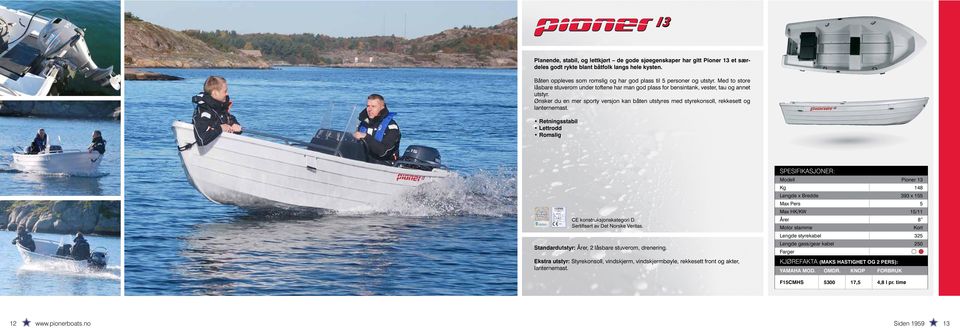 Ønsker du en mer sporty versjon kan båten utstyres med styrekonsoll, rekkesett og lanternemast. Retningsstabil Lettrodd Romslig CE konstruksjonskategori D.