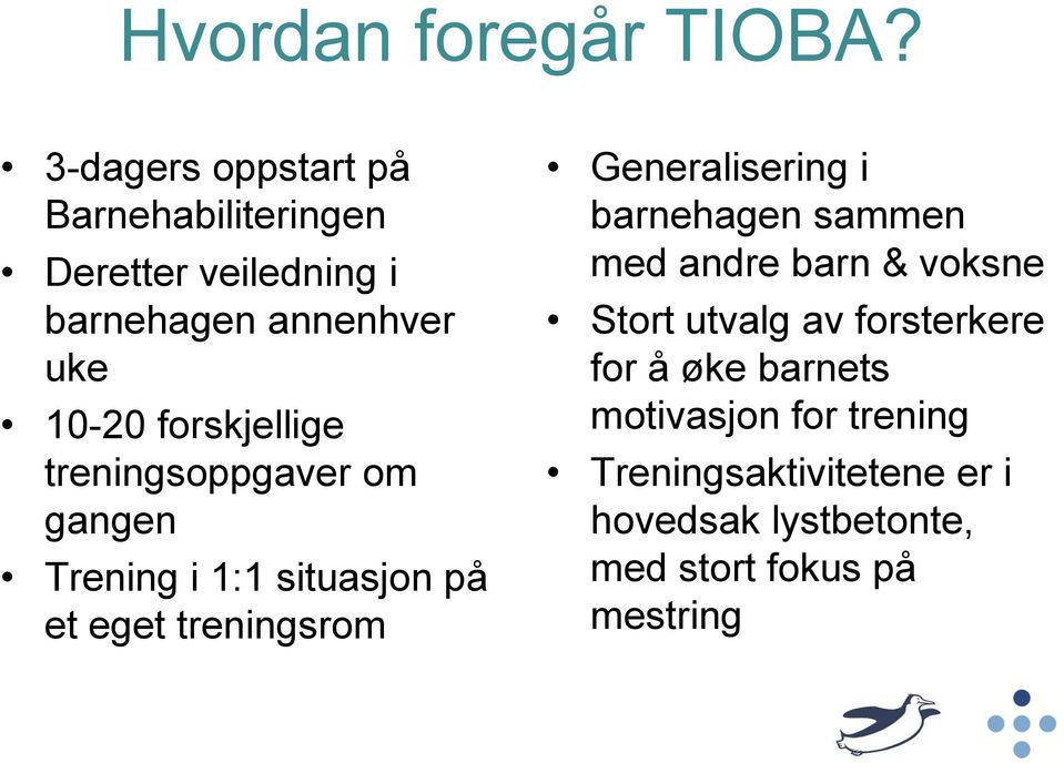 forskjellige treningsoppgaver om gangen Trening i 1:1 situasjon på et eget treningsrom Generalisering