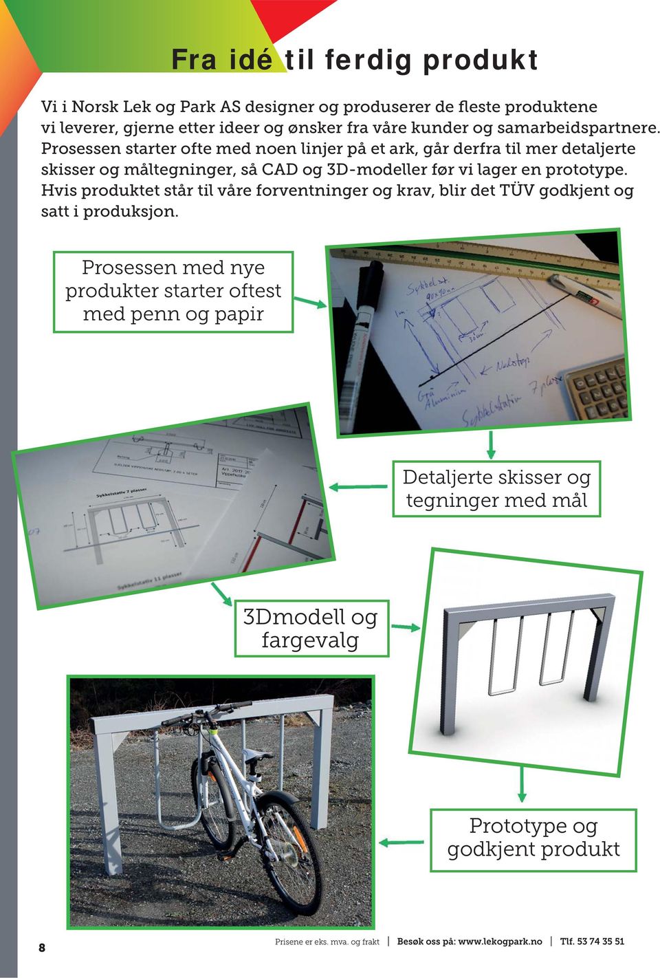 Prosessen starter ofte med noen linjer på et ark, går derfra til mer detaljerte skisser og måltegninger, så CAD og 3D-modeller før vi lager en prototype.