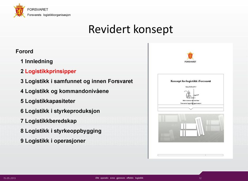 styrkeproduksjon 7 Logistikkberedskap 8 Logistikk i styrkeoppbygging 9 Logistikk i