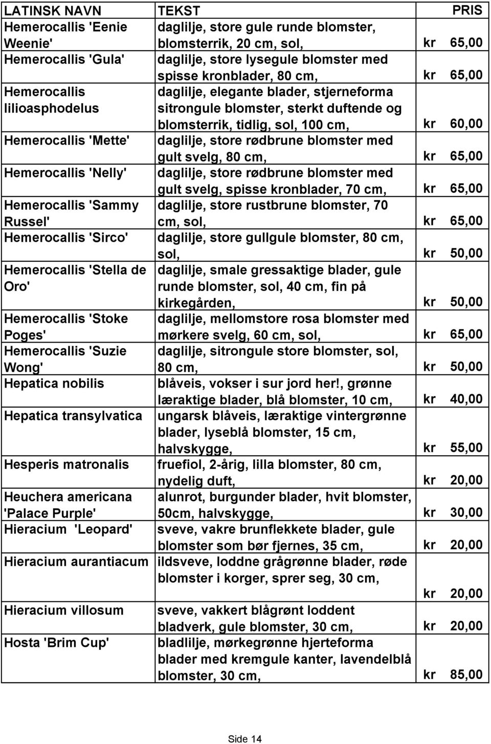 svelg, 80 cm, 65,00 Hemerocallis 'Nelly' daglilje, store rødbrune blomster med gult svelg, spisse onblader, 70 cm, 65,00 Hemerocallis 'Sammy Russel' daglilje, store rustbrune blomster, 70 cm, sol,