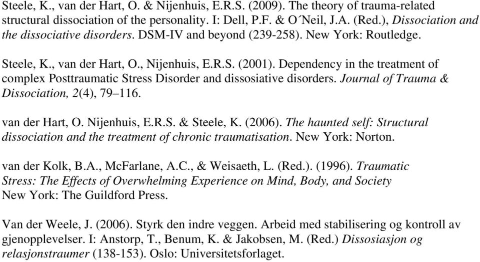 Dependency in the treatment of complex Posttraumatic Stress Disorder and dissosiative disorders. Journal of Trauma & Dissociation, 2(4), 79 116. van der Hart, O. Nijenhuis, E.R.S. & Steele, K. (2006).