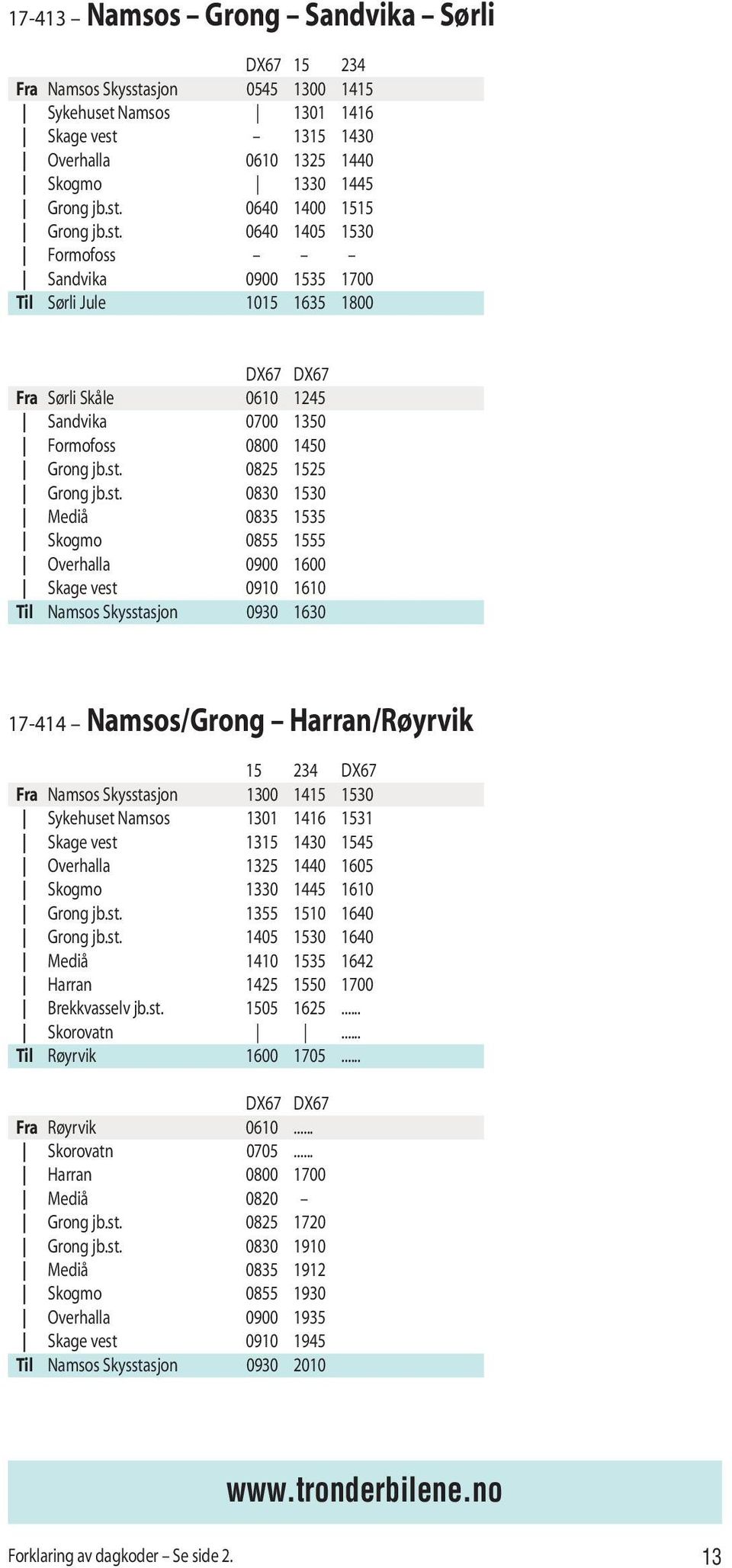 1530 Mediå 0835 1535 Skogmo 0855 1555 Overhalla 0900 1600 Skage vest 0910 1610 Til Namsos Skysstasjon 0930 1630 17-414 Namsos/Grong Harran/Røyrvik 15 234 DX67 Fra Namsos Skysstasjon 1300 1415 1530