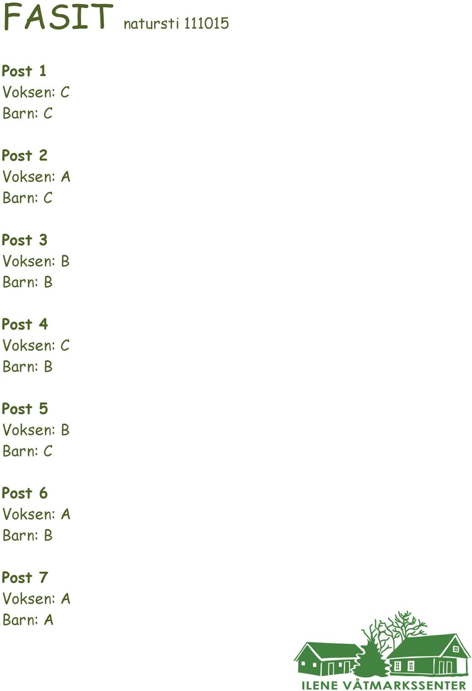 B Post 4 Voksen: C Barn: B Post 5 Voksen: B