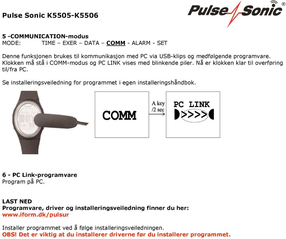 Se installeringsveiledning for programmet i egen installeringshåndbok. 6 - PC Link-programvare Program på PC.