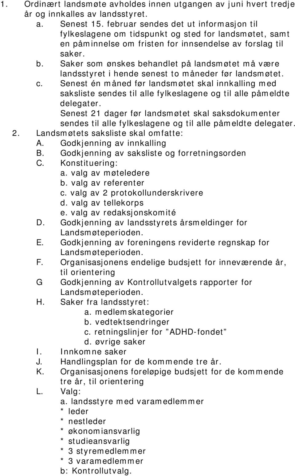 Saker som ønskes behandlet på landsmøtet må være landsstyret i hende senest to måneder før landsmøtet. c.