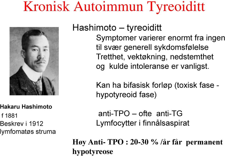 Kan ha bifasisk forløp (toxisk fase - hypotyreoid fase) Hakaru Hashimoto f 1881 Beskrev i 1912