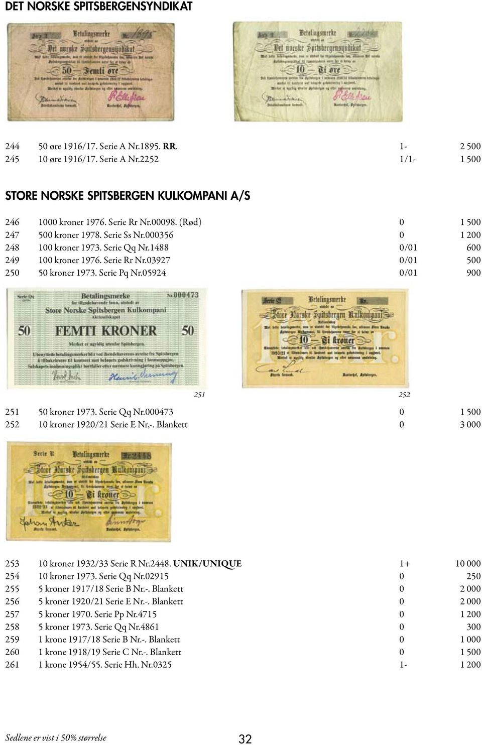 05924 0/01 900 251 252 251 50 kroner 1973. Serie Qq Nr.000473 0 1 500 252 10 kroner 1920/21 Serie E Nr,-. Blankett 0 3 000 253 10 kroner 1932/33 Serie R Nr.2448.