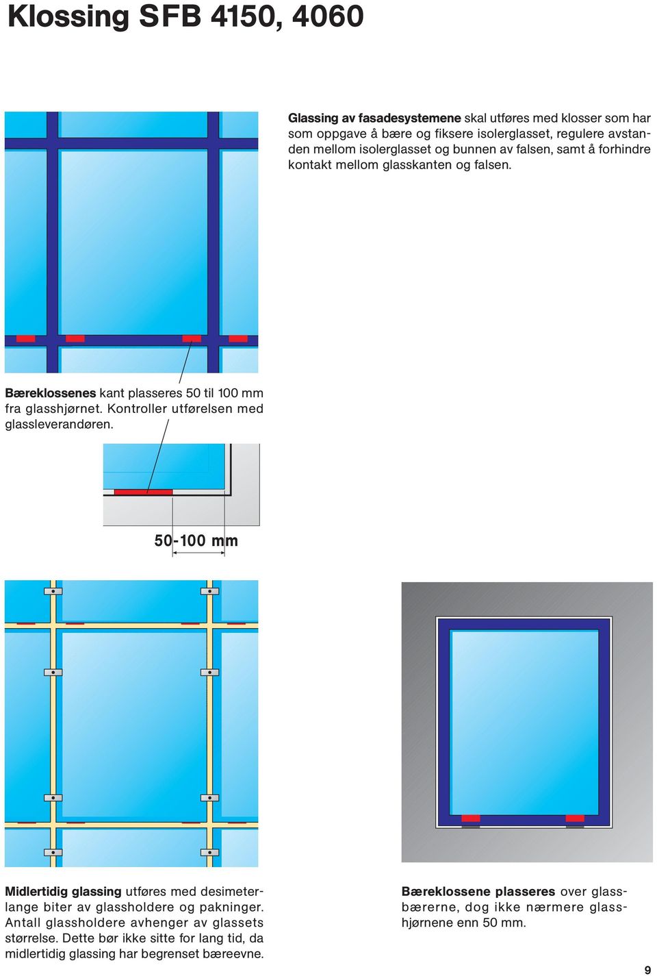 Kontroller utførelsen med glassleverandøren. 50-100 mm Midlertidig glassing utføres med desimeterlange biter av glassholdere og er.