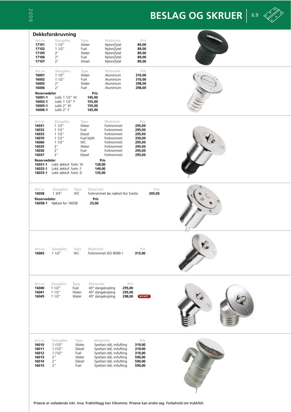 Type Materiale 16001 1 1/2" Water Aluminium 310,00 16002 1 1/2" Fuel Aluminium 310,00 16005 2" Water Aluminium 298,00 16006 2" Fuel Aluminium 298,00 Reservedeler 16001-1 Lokk 1 1/2 W 145,00 16002-1