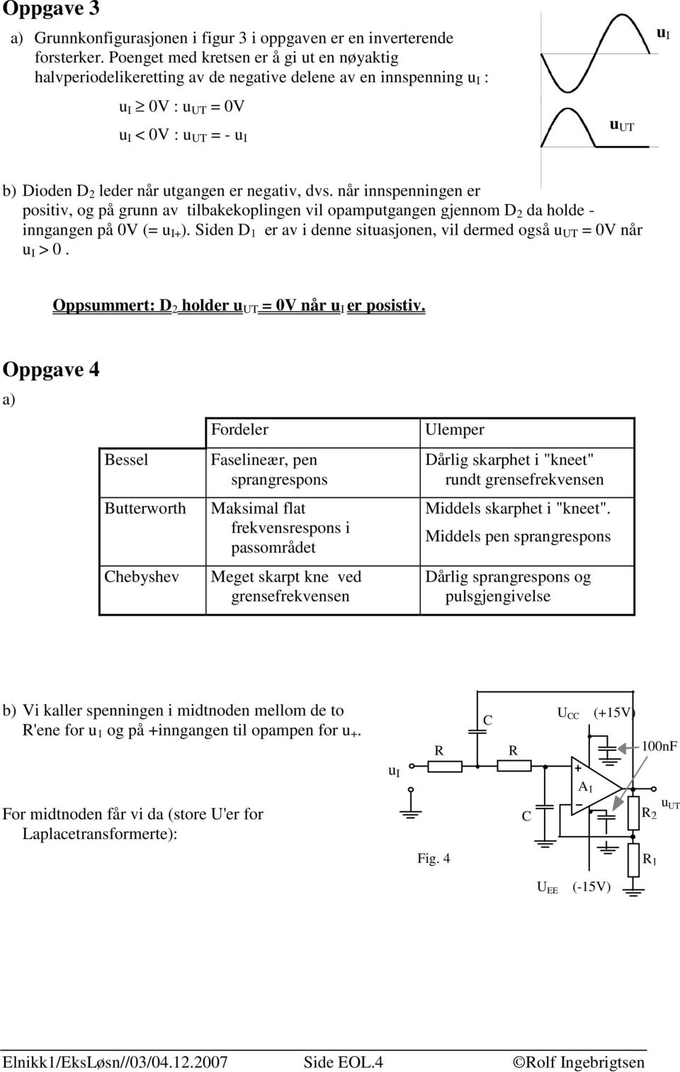 når innspenningen er positiv, og på grunn av tilbakekoplingen vil opamputgangen gjennom D da holde - inngangen på 0V (= u I+ ). Siden D er av i denne situasjonen, vil dermed også = 0V når u I > 0.