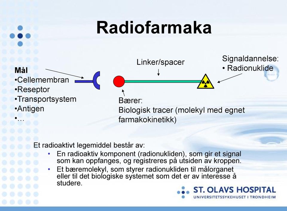 komponent (radionukliden), som gir et signal som kan oppfanges, og registreres på utsiden av kroppen.