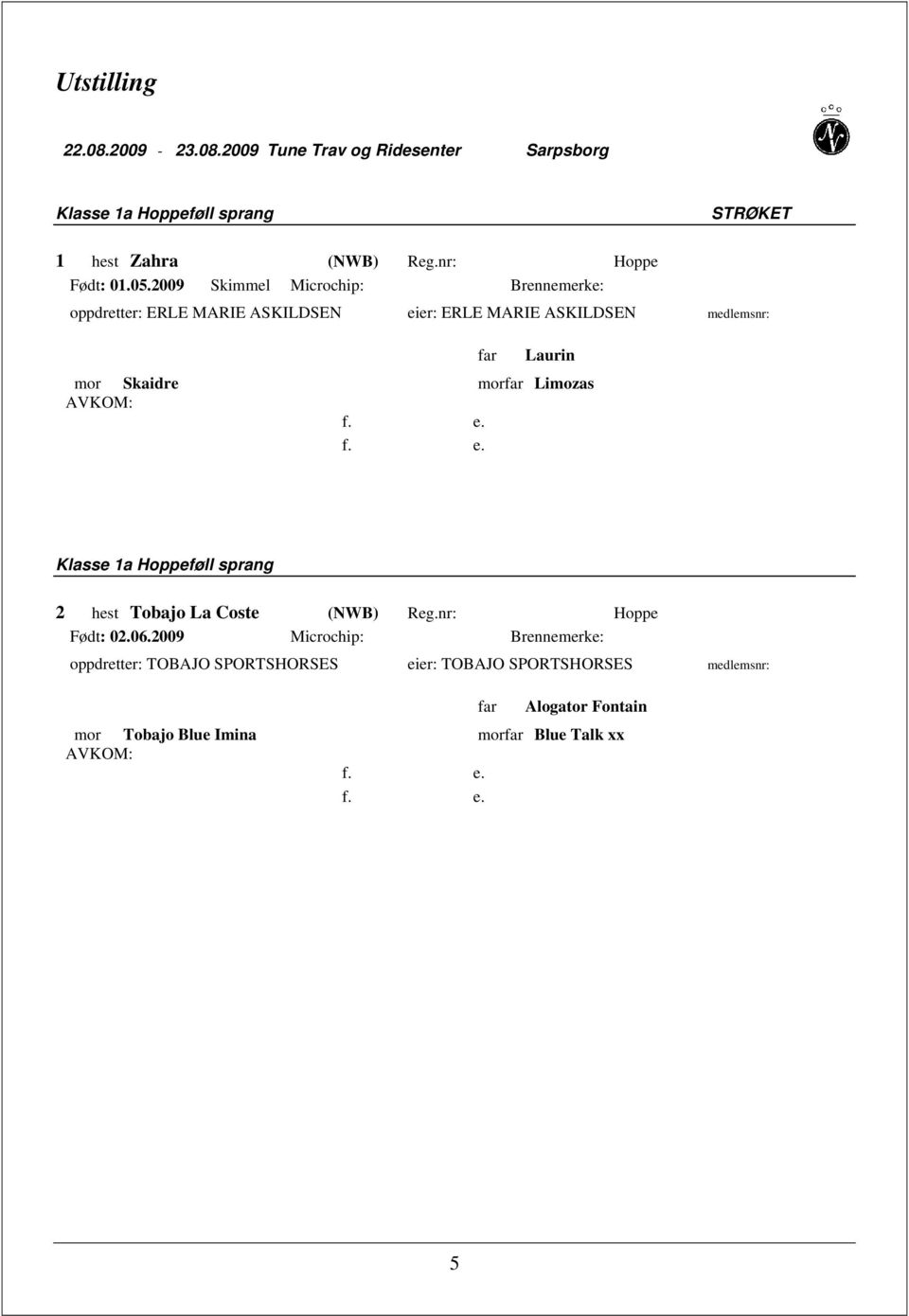 Laurin mor Skaidre mor Limozas Klasse 1a Hoppeføll sprang 2 hest Tobajo La Coste (NWB) Reg.nr: Hoppe Født: 02.06.