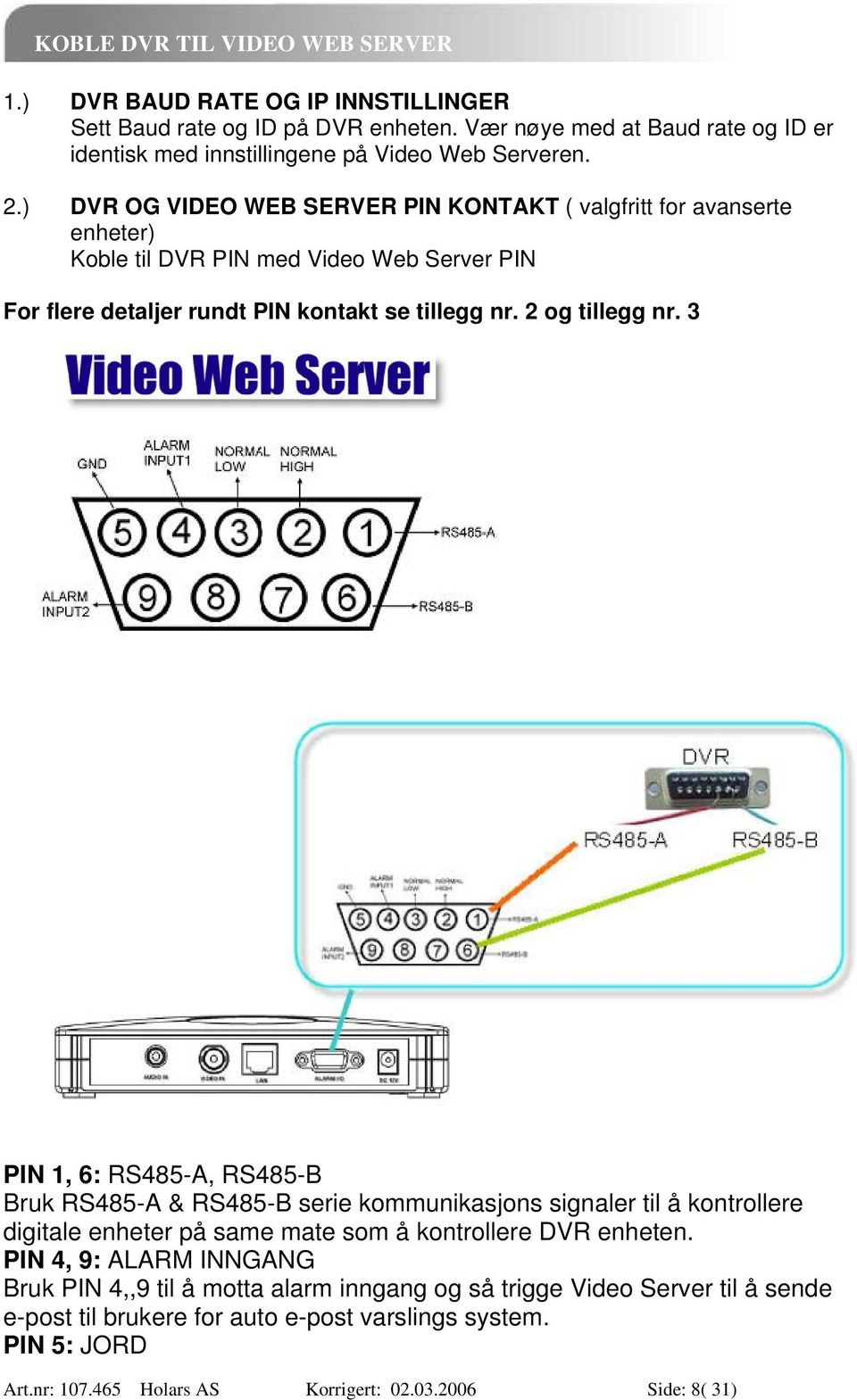 3 PIN 1, 6: RS485-A, RS485-B Bruk RS485-A & RS485-B serie kommunikasjons signaler til å kontrollere digitale enheter på same mate som å kontrollere DVR enheten.