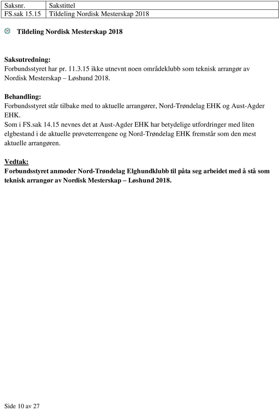 Behandling: Forbundsstyret står tilbake med to aktuelle arrangører, Nord-Trøndelag EHK og Aust-Agder EHK. Som i FS.sak 14.