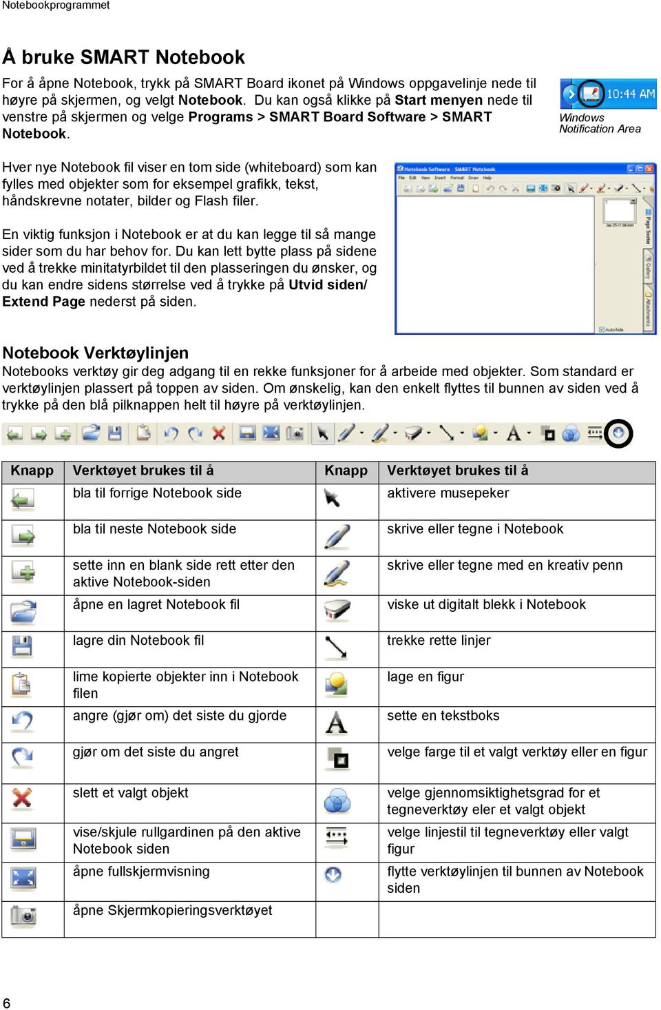 Windows Notification Area Hver nye Notebook fil viser en tom side (whiteboard) som kan fylles med objekter som for eksempel grafikk, tekst, håndskrevne notater, bilder og Flash filer.