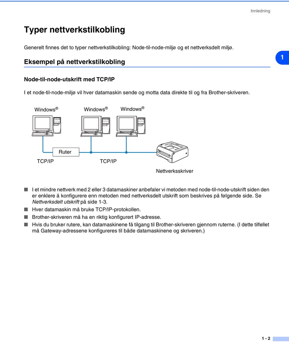 Windows Windows Windows Ruter TCP/IP TCP/IP Nettverksskriver I et mindre nettverk med 2 eller 3 datamaskiner anbefaler vi metoden med node-til-node-utskrift siden den er enklere å konfigurere enn