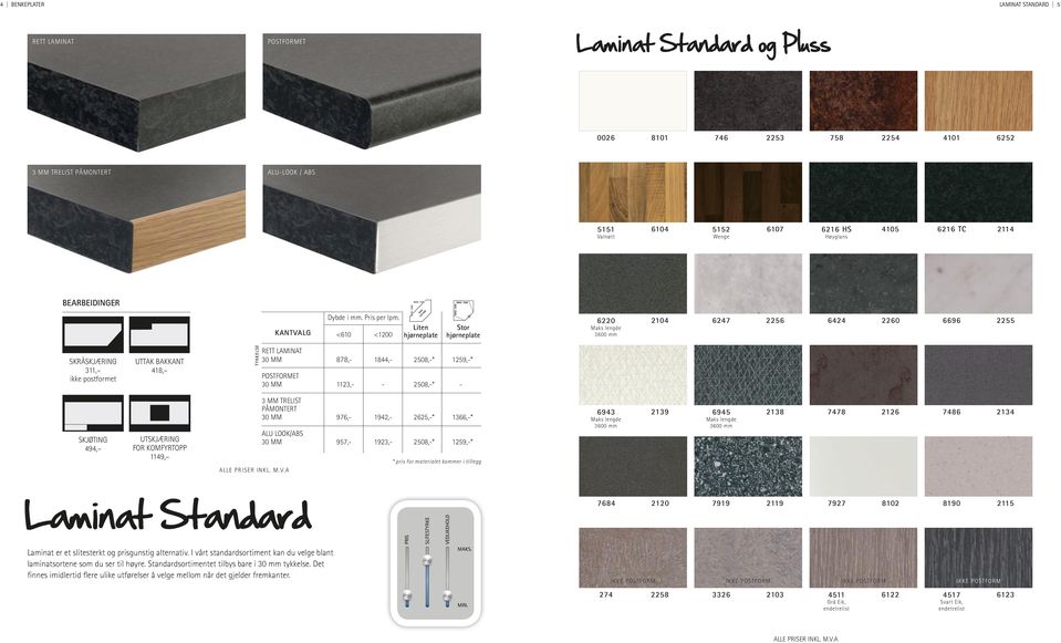 9,- 08,-* 9,-* 8,- hjørneplate Maks lengde 00 mm 08,-* 9,-* Maks lengde 00 mm Maks lengde 00 mm * pris for materialet kommer i tillegg Laminat er et slitesterkt og prisgunstig alternativ.