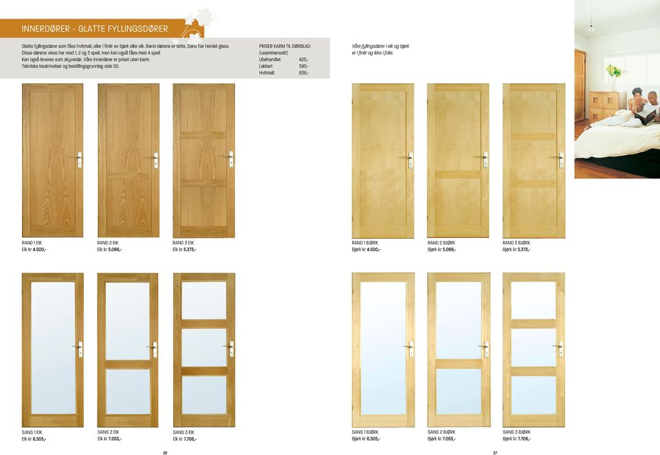 PRISER KARM TIL DØRBLAD: (usammensatt) Ubehandlet 425,- Lakkert 590.- Hvitmalt 638,- Våre fyllingsdører i eik og bjørk er i finér og ikke i folie. rand 1 eik Eik kr 4.500,- rand 2 eik Eik kr 5.
